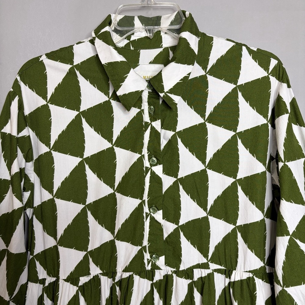 Anthropologie Maeve Bettina Tiered Shirt Dress M Green White Geometric Cotton - Picture 8 of 12